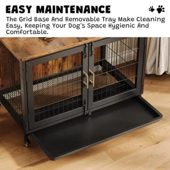 37.5" Dog Crate Furniture with Wheels, Wooden Dog Kennel with Pull Out Tray, Decorative Dog Cage End Table for Small to Medium Dogs Up to 66 Lbs image {3}