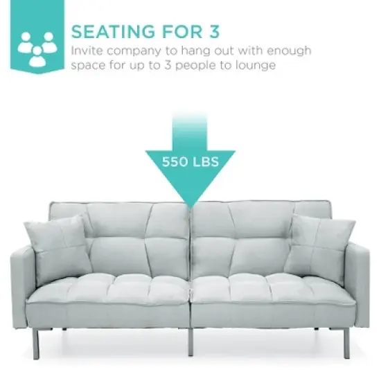 Best Choice Products Convertible Living Room Linen Fabric Tufted Split-Back Futon Sofa w/ 2 Pillows image {2}