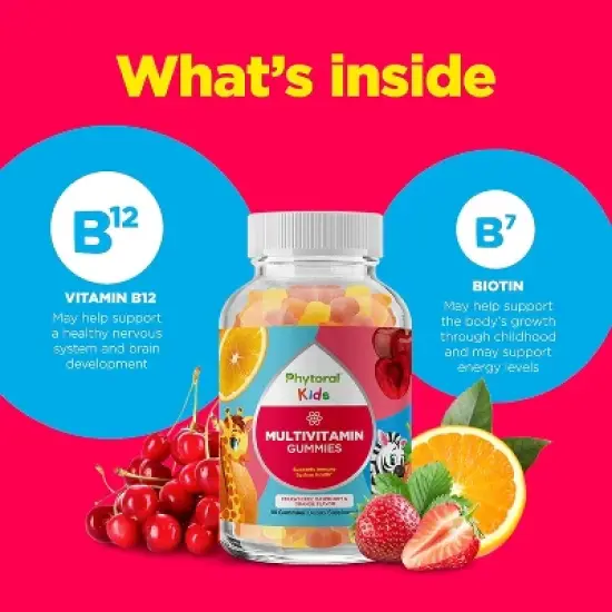 Kids Multivitamin Gummies, Vitamins for Mood Support, Natural Energy Boost & Immune Support, Strawberry, Raspberry & Orange Flavor, Phytoral, 90ct image {4}