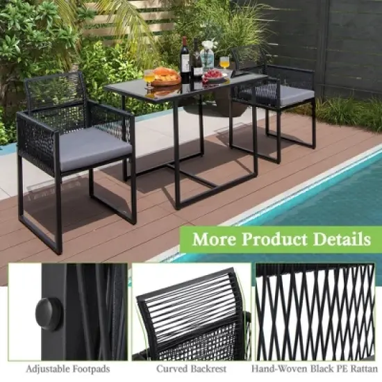Costway 3 PCS Patio PE Wicker Furniture Set Cushioned&nbsp;Chairs with Folding Backrest Backyard Black/White image {8}
