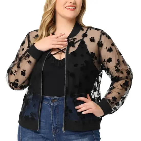Agnes Orinda Women's Plus Size Bomber Mesh Sheer Floral Lace Long Sleeve Jackets image {6}