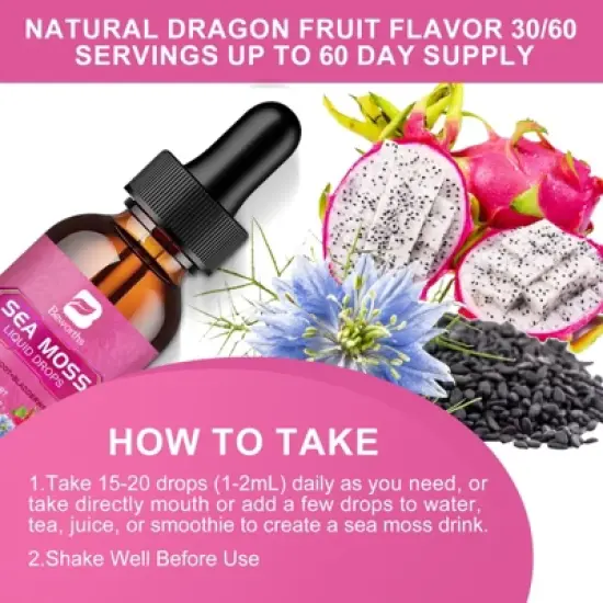 B Beworth 3000mg Sea Moss Liquid Drops - Immunity Booster, Digestive Health - 60ml (Dragon Fruit Flavor) image {6}