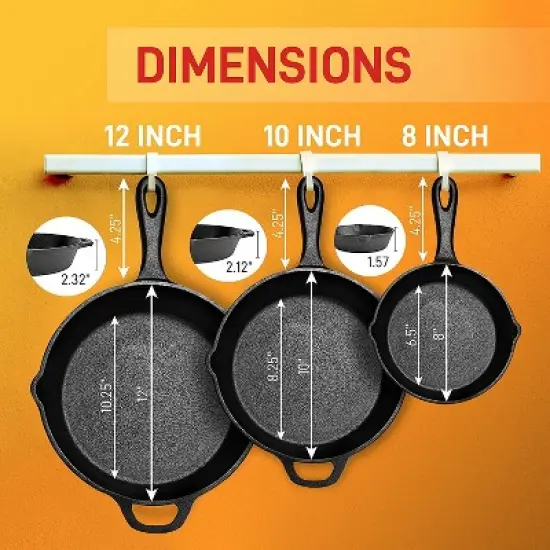 NutriChef Heavy Duty Non Stick Pre Seasoned Cast Iron Skillet Frying Pan 3 Piece Set Includes 8-Inch, 10-Inch, 12-Inch Pans, with Silicone Handles image {1}