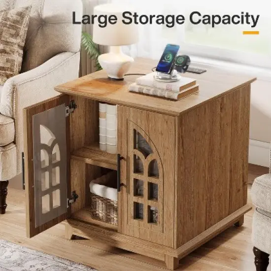 Tribesigns Nightstand with Charging Station & Light, 23.6" Square Night Stand Wooden Bedside Table with Outlet, End Table with Storage, Brown image {5}