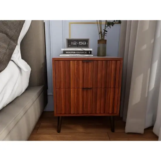 KWPZQEB Wooden Fluted Nightstand, 17.7" Wide Side Table with 2 Large Storage Drawers, Modern Night Stand for Living Room, Bedroom, Brown image {1}