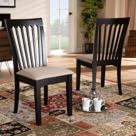 2pc Minette Fabric Upholstered Espresso Wood Dining Chair Set Sand/Dark Brown - Baxton Studio image {5}