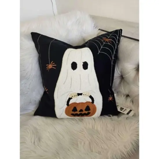 Halloween Ghost with Pumpkin Bucket Throw Pillow image {2}