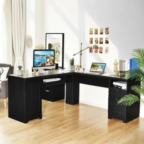 Costway L-Shaped Corner Computer Desk Writing Table Study Workstation w/ Drawers Storage Black image {2}