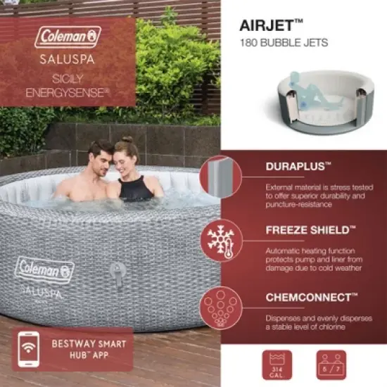 Bestway Coleman Sicily AirJet Inflatable Round Hot Tub with EnergySense Cover & 2 SaluSpa Underwater Non-Slip Pool Spa Seat with Adjustable Legs, Gray image {1}