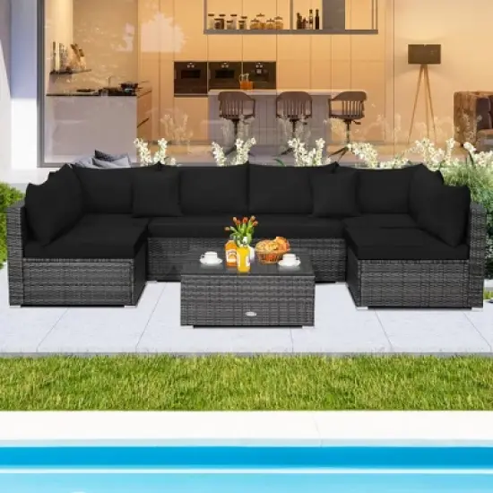 Costway 7PCS Patio Rattan Furniture Set Sectional Sofa Cushioned Garden image {9}