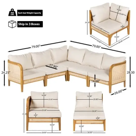 5-Piece Outdoor Sectional Sofas Set,V-Shaped Acacia Wood Patio Sectional with Cushions,Wicker Outdoor Sectional Sofa for Balcony-Coolbibila image {3}