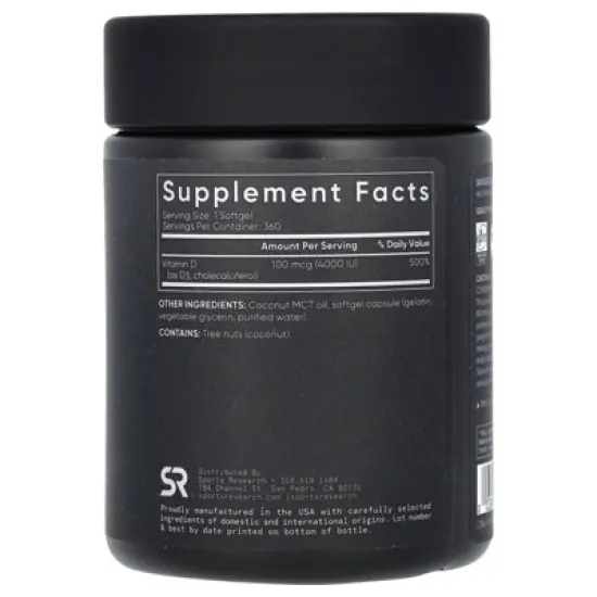 Sports Research Vitamin D3, 100 mcg (4,000 IU), 360 Softgels image {1}