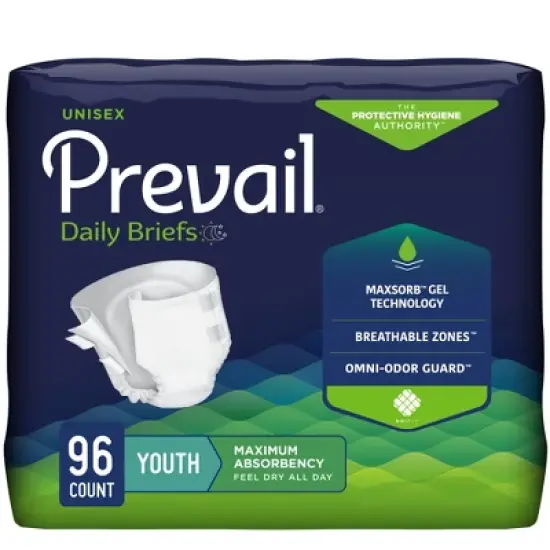 Prevail Unisex Youth Absorbent Briefs, Youth/X-Small, Maximum Absorbency, Refastenable Tabs, 96ct image {6}