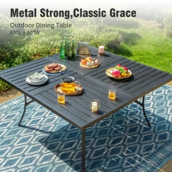 Captiva Designs 9pc Spacious Slat-top Square Metal Table with Umbrella Hole & Fixed Metal Chairs with Cushions image {2}
