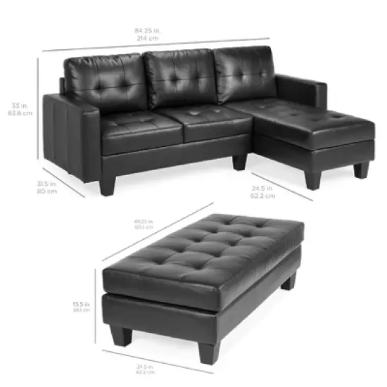 Best Choice Products 3-Seat L-Shape Tufted Faux Leather Sectional Sofa Couch Set w/ Chaise Lounge, Ottoman Bench image {5}