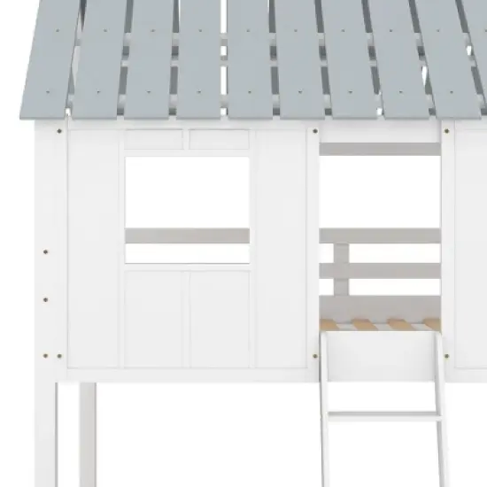 Twin over Twin Low Bunk Beds with House Shaped Roof and Guardrail, White-ModernLuxe image {10}