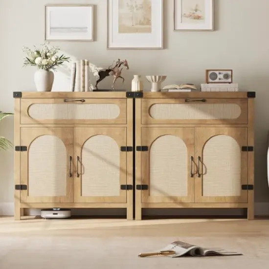 Rattan Sideboard Buffet Cabinets with Storage, Farmhouse Storage Cabinet, Wooden Coffee Bar Cabinet for Kitchen, Dining Room, Living Room image {2}