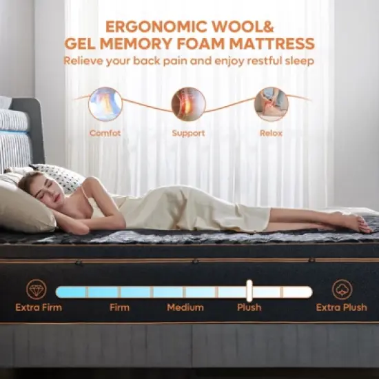 Bestier 12 inch King Size Pillow Top Mattress, Organic Wool Gel Memory Foam Mattress in a Box, Black, Made in US image {7}