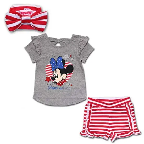 Disney Girl's 3-Pack Stars Stripes and Bows Minnie Mouse Glitter Graphic Tee, Ruffle Shorts and Fabric Headband Set for Toddler image {4}
