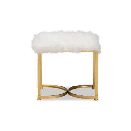 Gwyn Glam and Luxe Faux Fur Upholstered and Metal Ottoman White/Gold - Baxton Studio image {1}