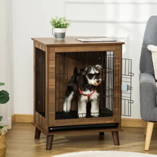 PawHut Wooden Dog Kennel, End Table Furniture with Lockable Doors, Small Size Pet Crate Indoor Animal Cage, Brown image {2}