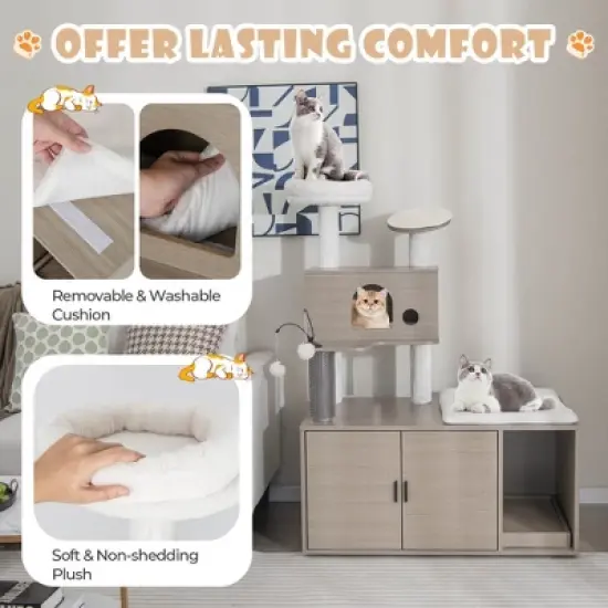 Tangkula Cat Tree with Litter Box Enclosure 2-in-1 Modern Cat Tower with Cat Condo image {7}