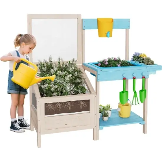 Outdoor Garden Potting Bench Table Work Station with Transparent Planter Box Raised Garden Bed 3 Side Plant Pots and Storage Shelf image {8}