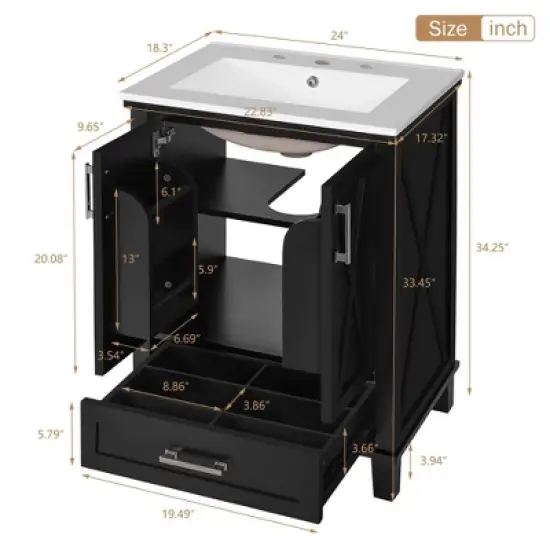 Whisen 24" Bathroom Vanity with Single Sink, Solid Wood/MDF Frame, 2 Soft-Close Doors & 1 Divided Drawer with Storage Shelves image {13}