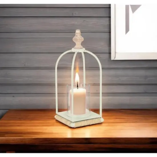 HomeRoots 14" White Metal With Wood And Rope Tabletop Lantern Candle Holder image {1}