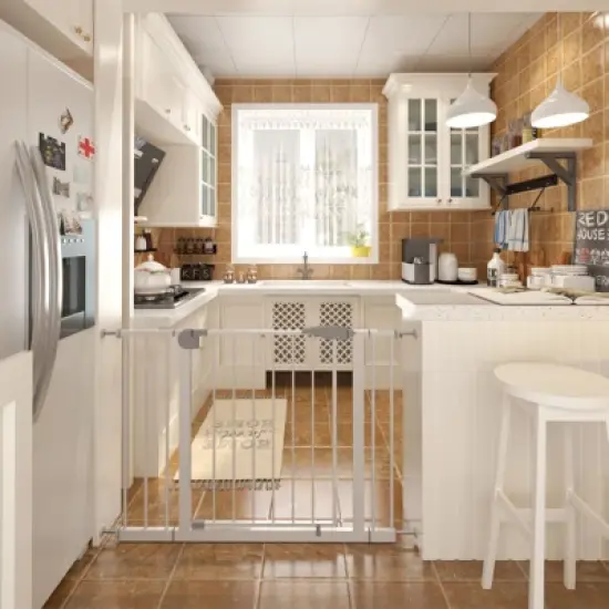 DSVIMOY Wide Baby Gate for Stairs, Dog Gate Indoor for Doorways, No Drilling Pressure Mounted Pet Gates for Kids, White, 45.3"*31.1"*11.78" image {1}