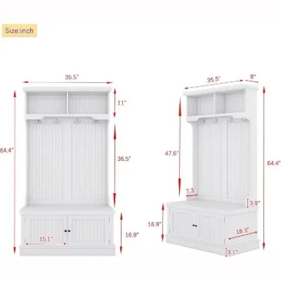 Acekool 4-in-1 Hall Tree with Storage Shoe Bench, Coat Rack with 4 Hooks, Entryway Organizer with Display Shelves & Cabinet, White image {2}