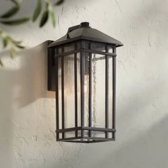 Kathy Ireland Art Deco Outdoor Wall Light Fixture Rubbed Bronze 16 1/2" High Seedy Glass Panels for Exterior House Porch Patio image {1}