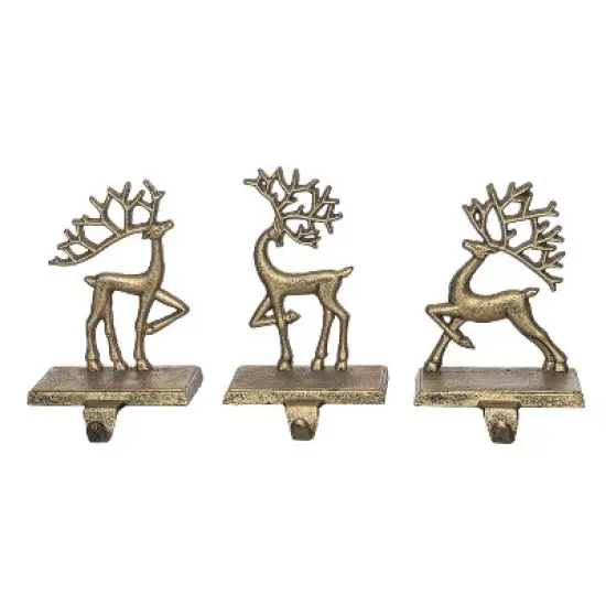 Transpac Cast Iron Reindeer Stocking Holder Set of 3 Gold Metal Christmas Mantel Decor for Holiday Gift Giving image {1}
