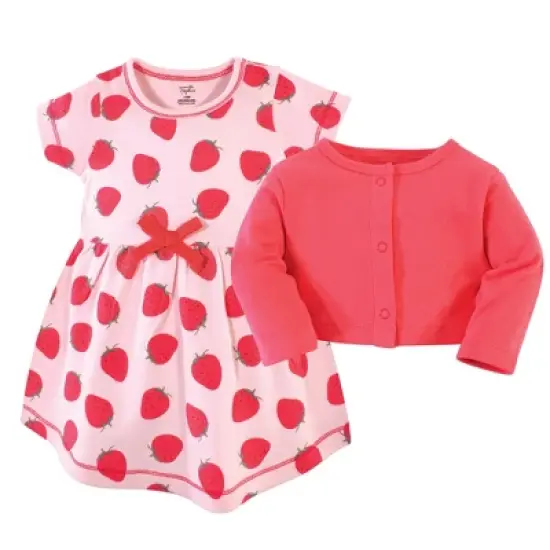 Touched by Nature Baby and Toddler Girl Organic Cotton Dress and Cardigan 2pc Set, Strawberries image {1}