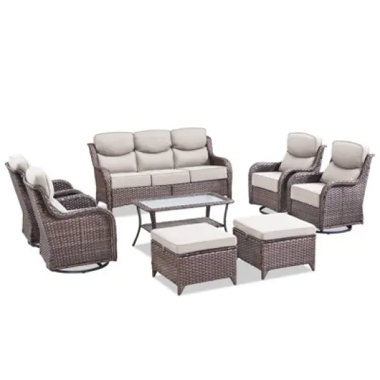 Gymojoy 8 Pieces Outdoor Patio Sofa Ottoman with Swivel Chairs Table image {2}