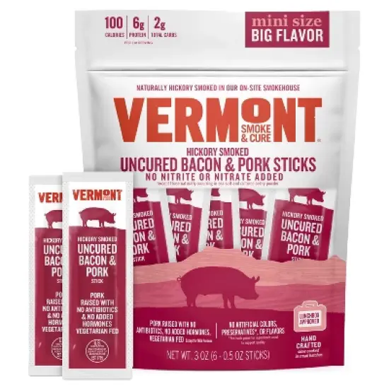Snack Sticks by Vermont Smoke & Cure &ndash; Hickory Smoked &ndash; Uncured Bacon Pork &ndash; GlutenFree &ndash; Healthy Meat Protein  .5 ounce &ndash; 3oz Pouch &ndash; Pack of 8. image {1}