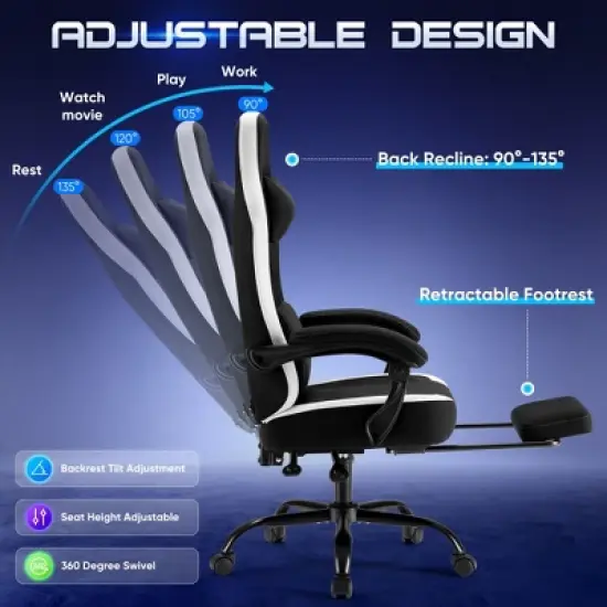 JIONJOY Ergonomic Gaming Chair with Footrest - High Back Lumbar Support, Adjustable Recline& Height, Swivel Computer Desk Chair image {5}