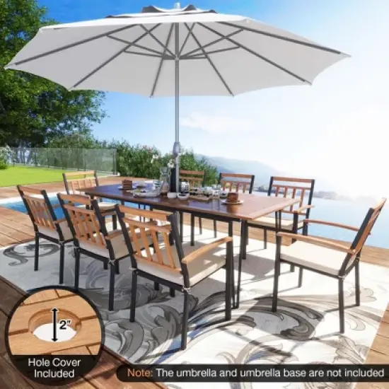Costway 9 PCS Patio Dining Set with 8 Chairs  Acacia Wood Table Top Umbrella Hole for Yard image {4}