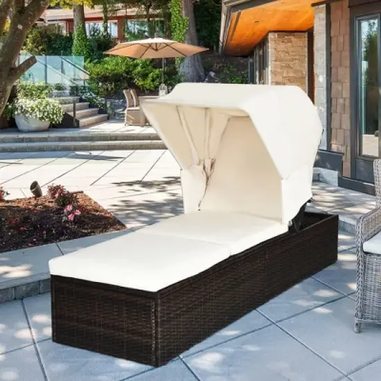 Costway Patio Rattan Lounge Chair Chaise Cushioned Top Canopy Adjustable White image {10}