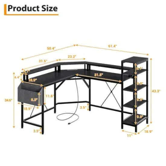 61 Inch L Shaped Home Office Gaming Desk with Outlets - Built-in LED Lights & 5-Shelf System image {2}
