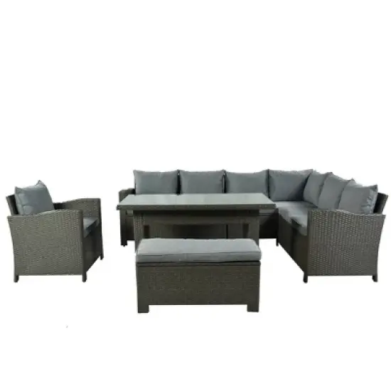 6pc Outdoor Set with Loveseats, Sofa, Chair, Bench & Coffee Table - Gray - GODEER image {4}
