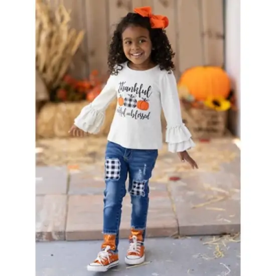 Girls Thankful, Grateful, & Blessed Sequin Patched Jeans Set - Mia Belle Girls image {5}