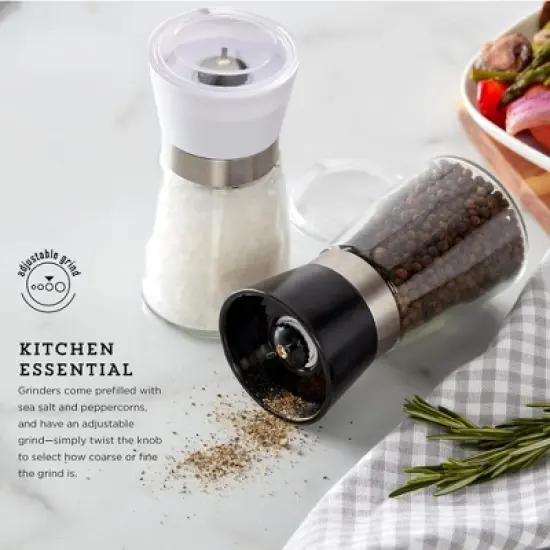 Kamenstein Glass Spice Grinders with Adjustable Ceramic Mechanism, Set of 2 - Prefilled Salt & Pepper Grinders for Kitchen Countertop Use image {2}