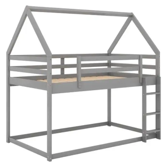 Twin over Twin House Shaped Bunk Bed with  Ladder and Guardrail-ModernLuxe image {4}