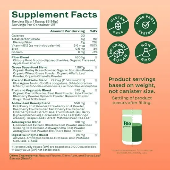 BLOOM NUTRITION Greens and Superfoods Powder - Peach - 5.01oz/25 Servings image {3}