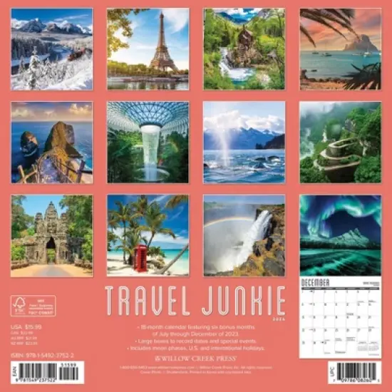 Willow Creek Press 2024 Wall Calendar 12"x12" Travel Junkie image {1}