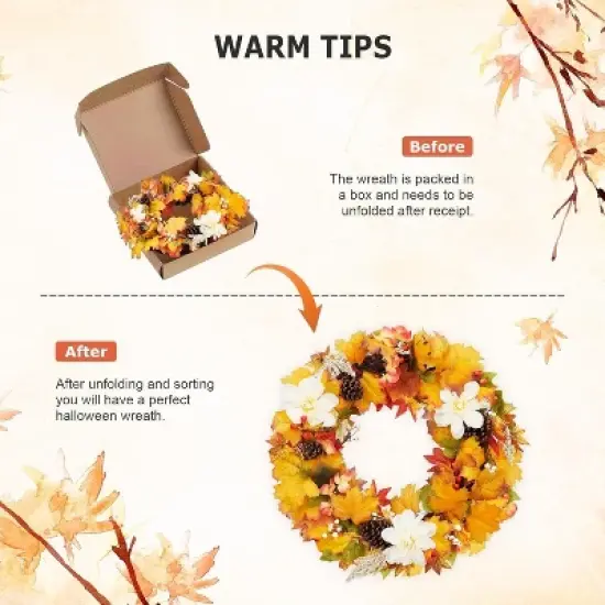 24" Fall Wreath for Front Door - Autumn Wreath with Pinecones & Maple Leaves, Thanksgiving & Halloween Decor, Farmhouse Decoration for Porch image {2}