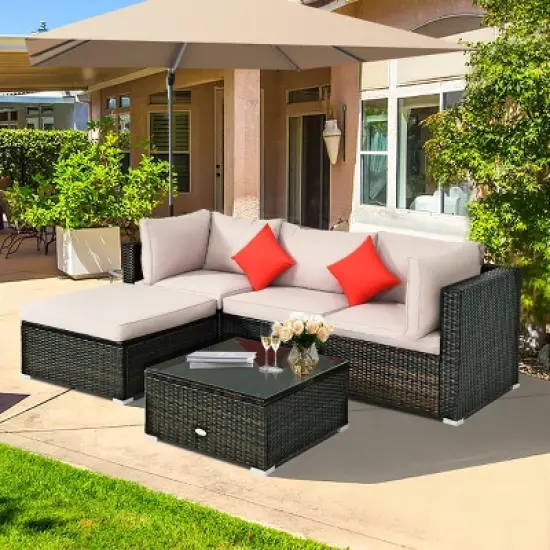 Tangkula 5-Piece Outdoor Patio Sectional Rattan Wicker Sofa Set w/ Cushion image {2}