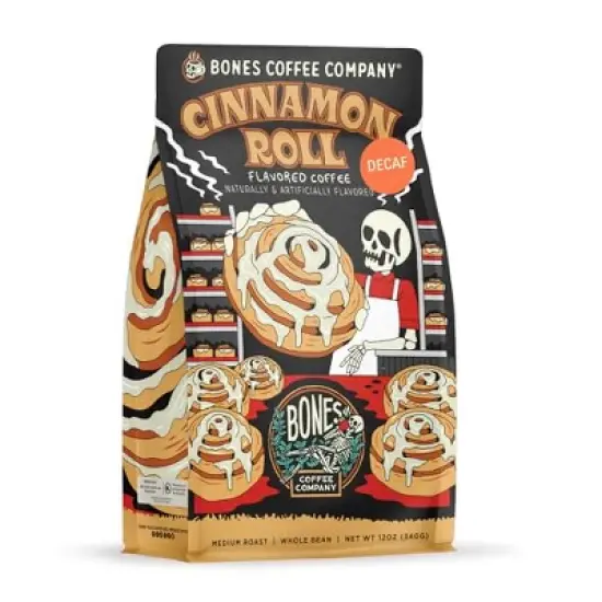 Bones Coffee Company Cinnamon Roll Flavored Medium Roast Decaffeinated Coffee 12 oz (Whole Bean) image {8}