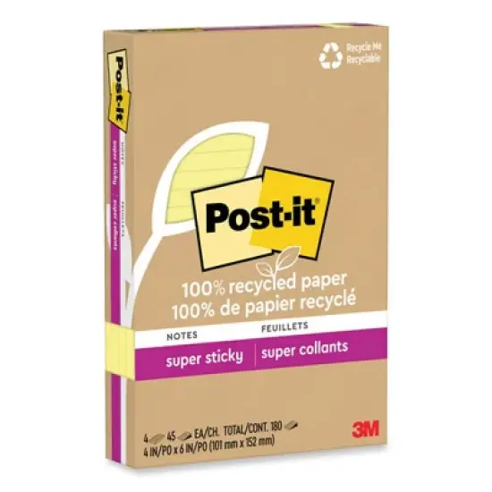 Post-it Notes Super Sticky 100% Recycled Paper Super Sticky Notes, Ruled, 4" x 6", Canary Yellow, 45 Sheets/Pad, 4 Pads/Pack image {4}